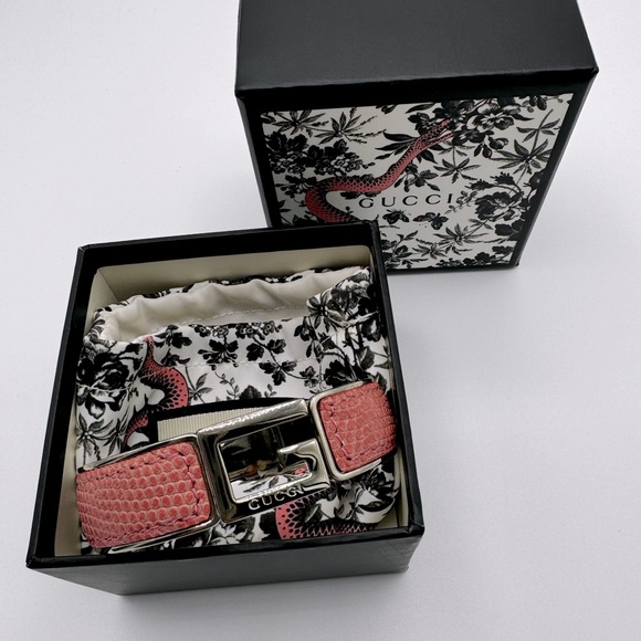 GUCCI Silver And Pink Snake Print Leather Bangle Cuff Bracelet - Picture 6 of 13